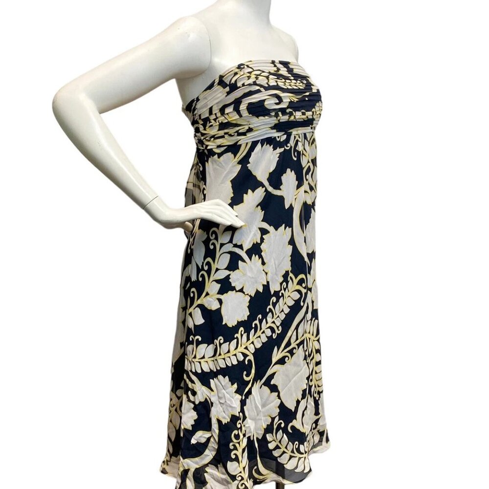 ANN TAYLOR Sz 6P White, Dark Blue and Yellow Floral Strapless 100% Silk Dress